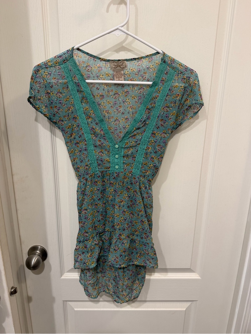 Eyelash Couture M Teal Floral Tunic Blouse Crochet Lace Boho Ruffle Cottagecore